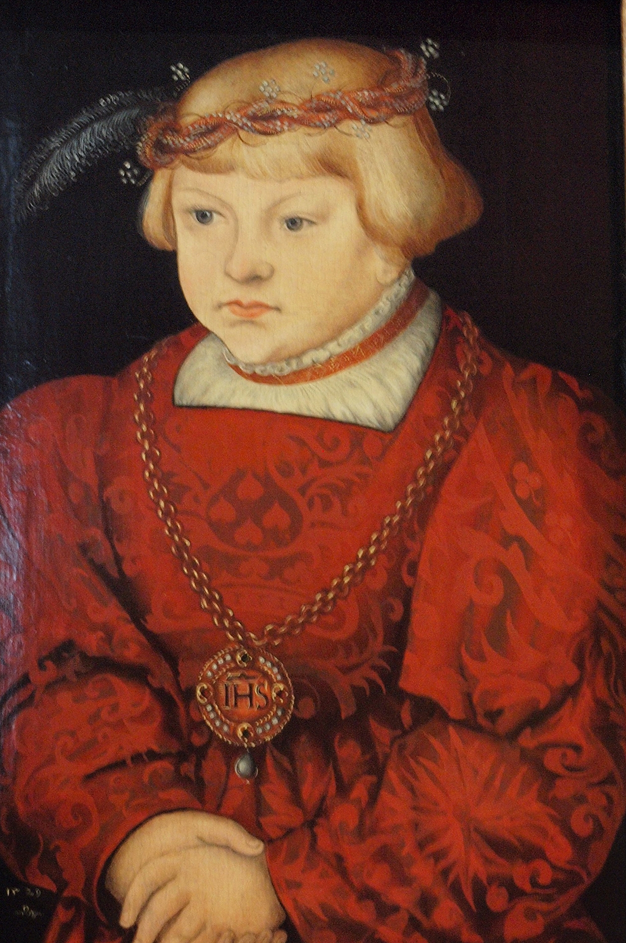 a painting of a  in a red dress with a yellow collar