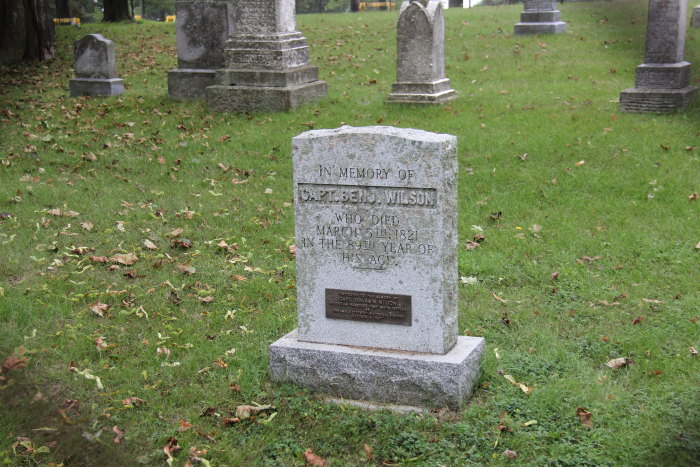 an image of headstones in a cemetery with leaves on the ground