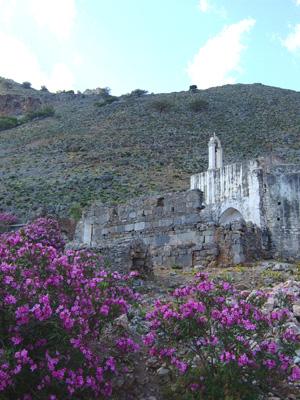 the ruins of an old church with purple flowers on the side