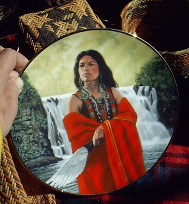 a plate decorated with the character of a woman wearing red