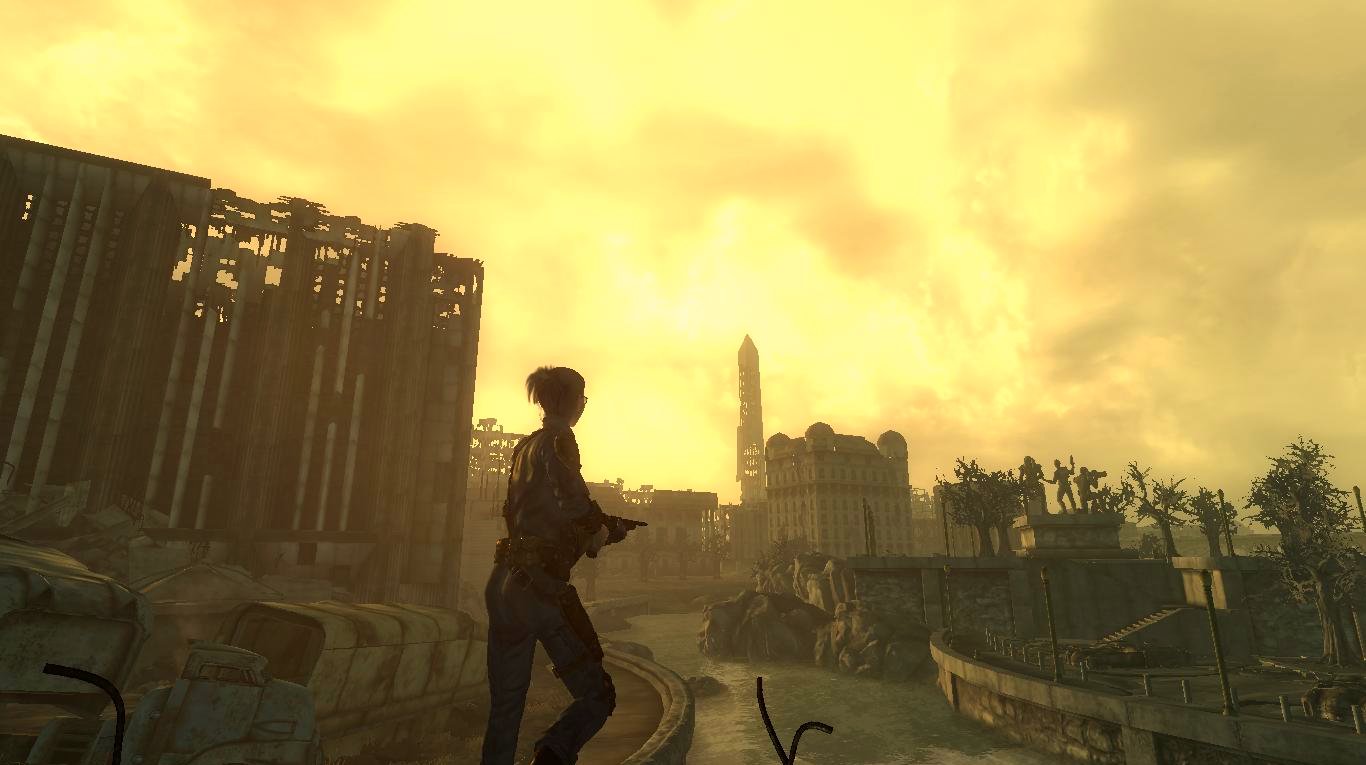 a man stands in front of a destroyed building and a large city with lots of tall buildings