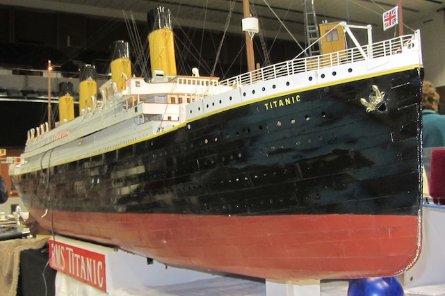 a model ship on display in a building
