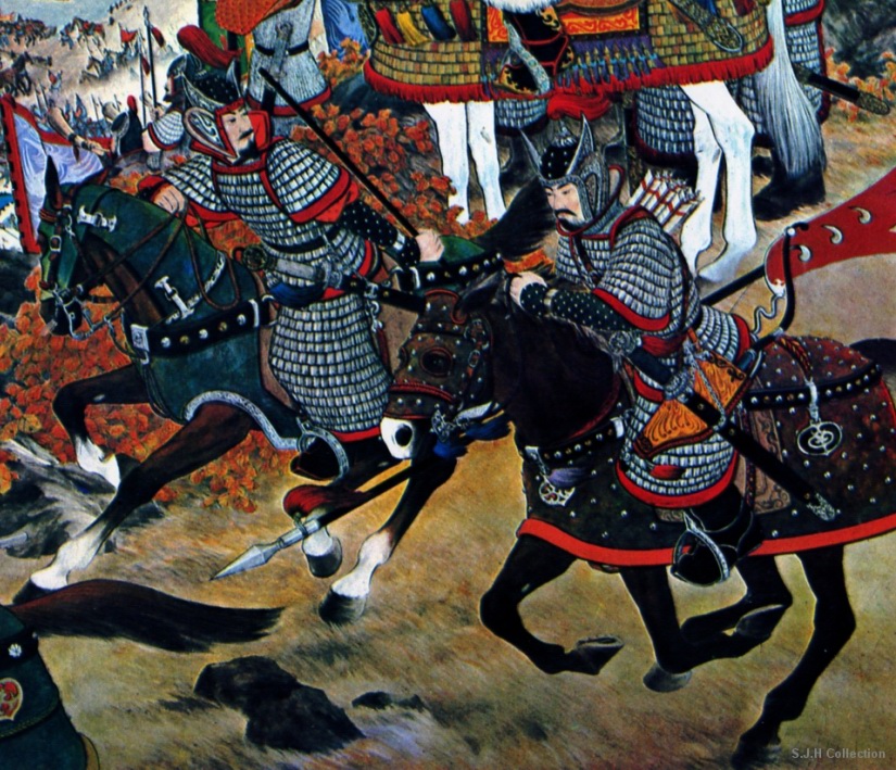 a painting of the battle between two cavalry