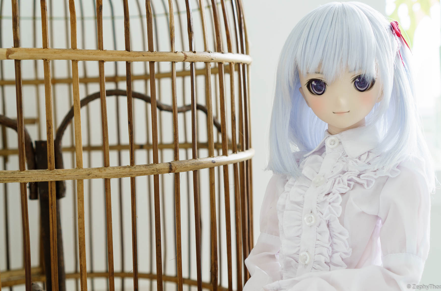 a doll next to a bird cage with a doll on top of it