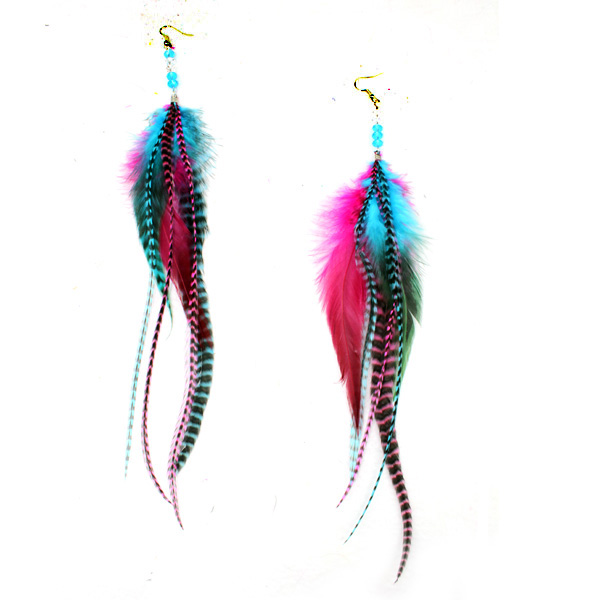 a pair of feather earrings with blue, pink and green feathers