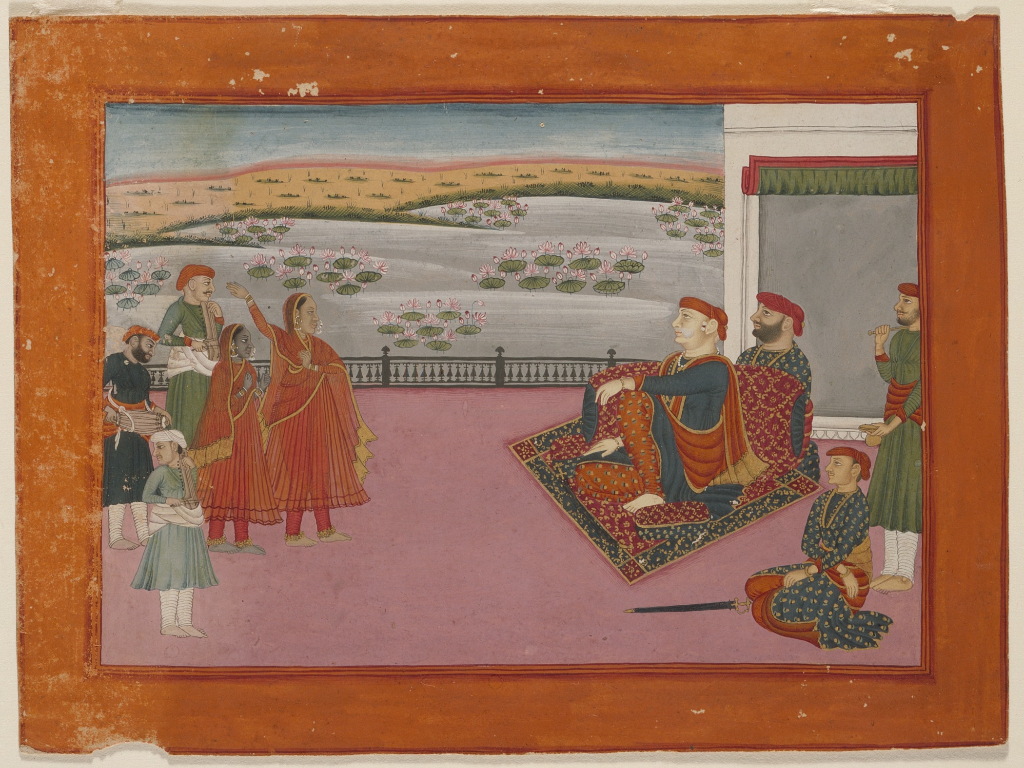 an indian painting with men and women performing dance