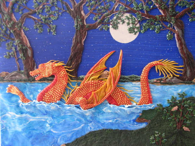 the colorful paintings are of dragon swimming on a pond