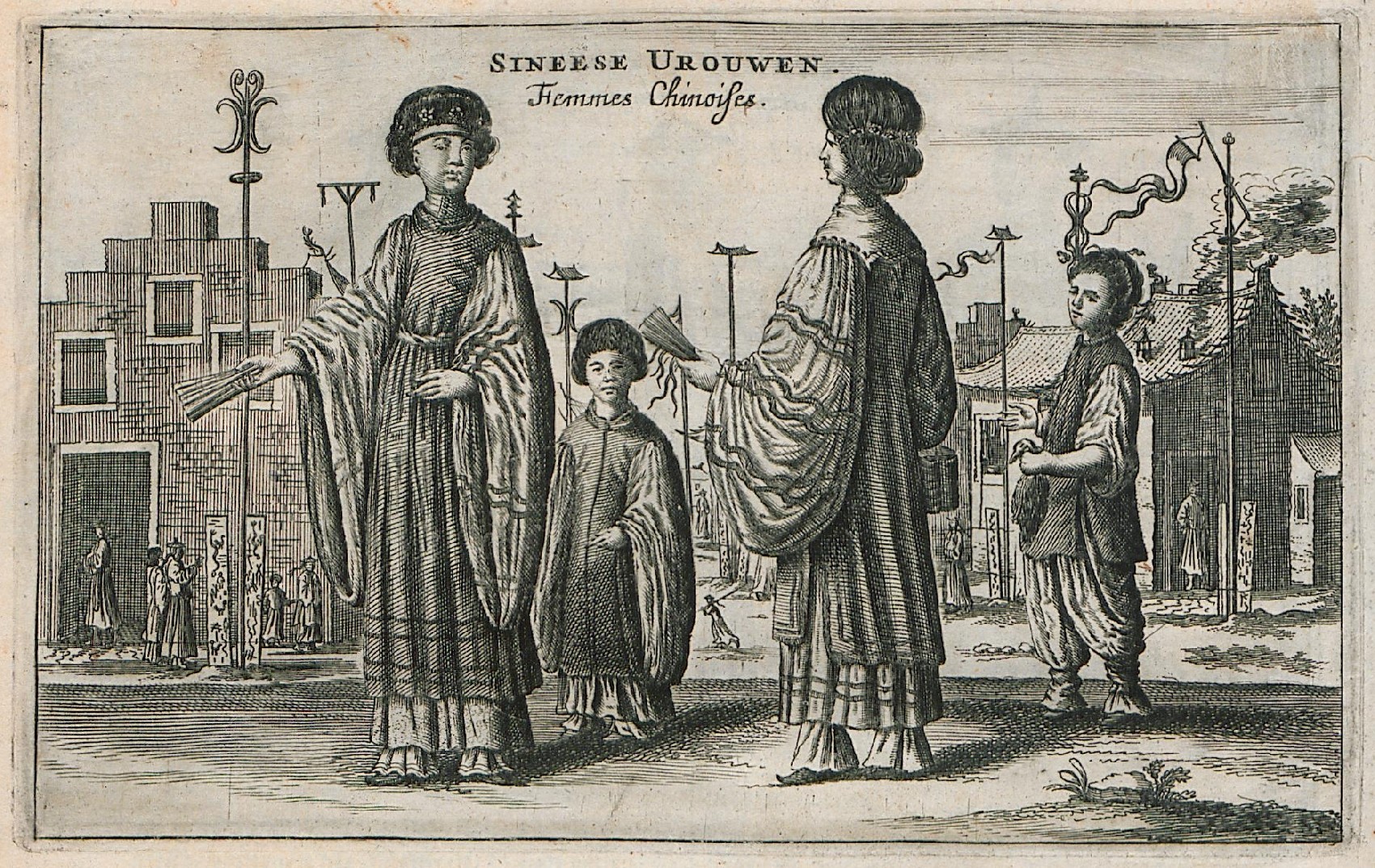 an engraving depicting three women standing around each other