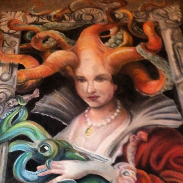 a painting of a woman holding a fish next to a dragon