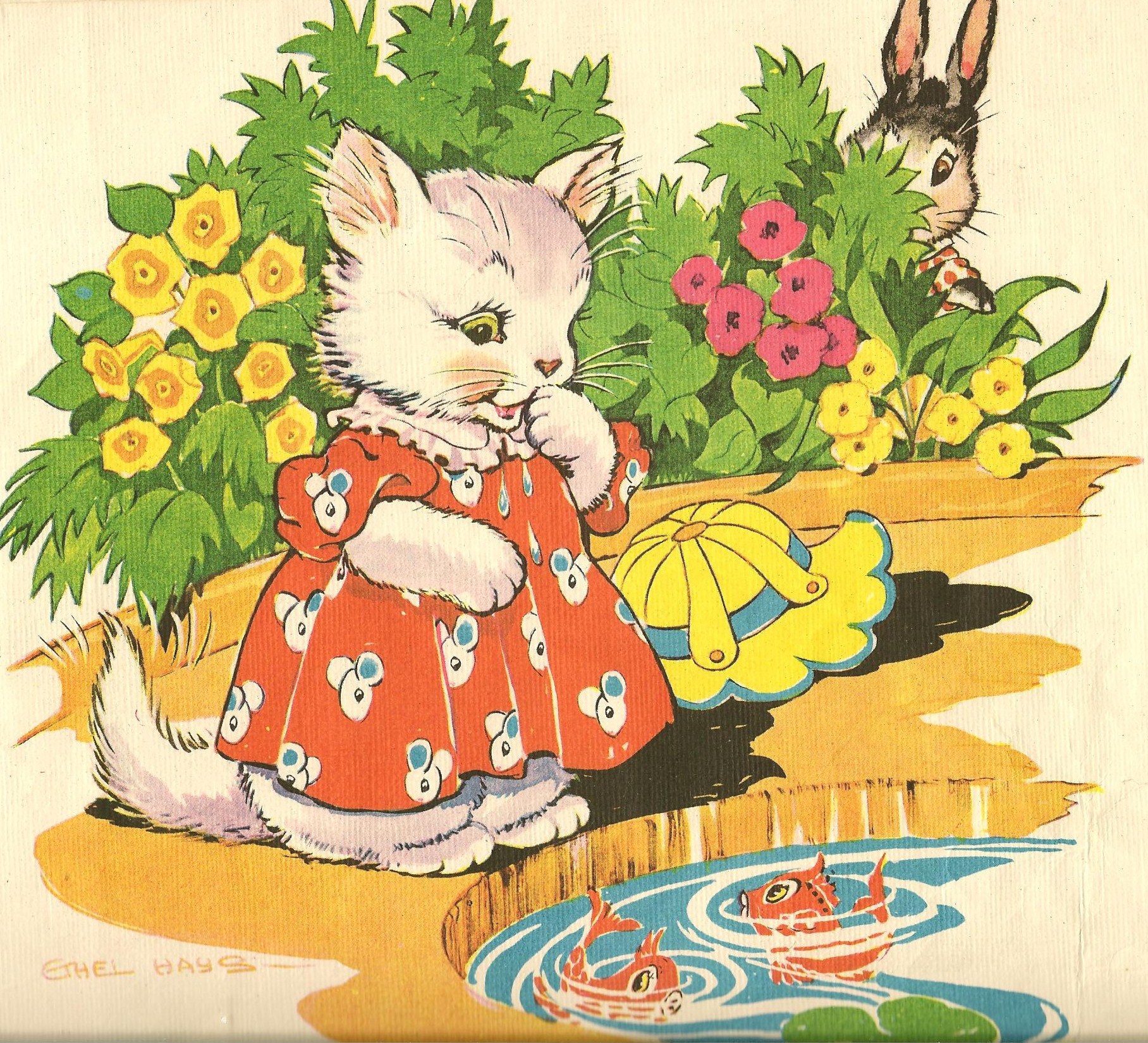 an illustration of a cat and bunny on the ground