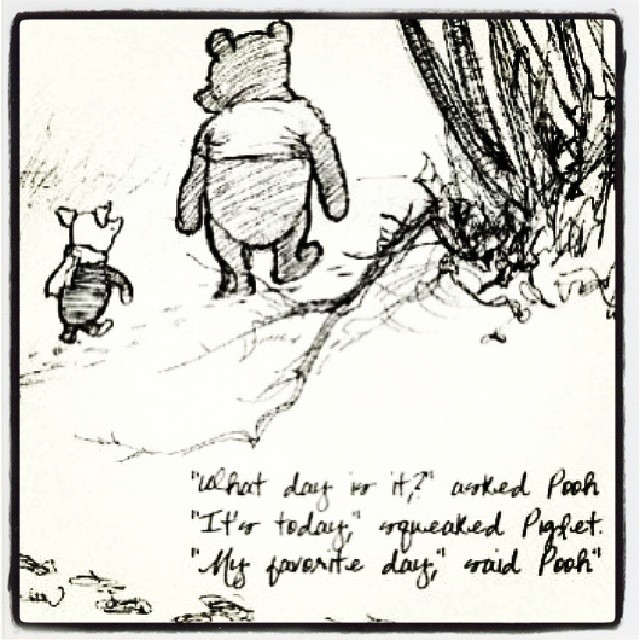 a black and white cartoon drawing of pooh looking at winnie the pooh