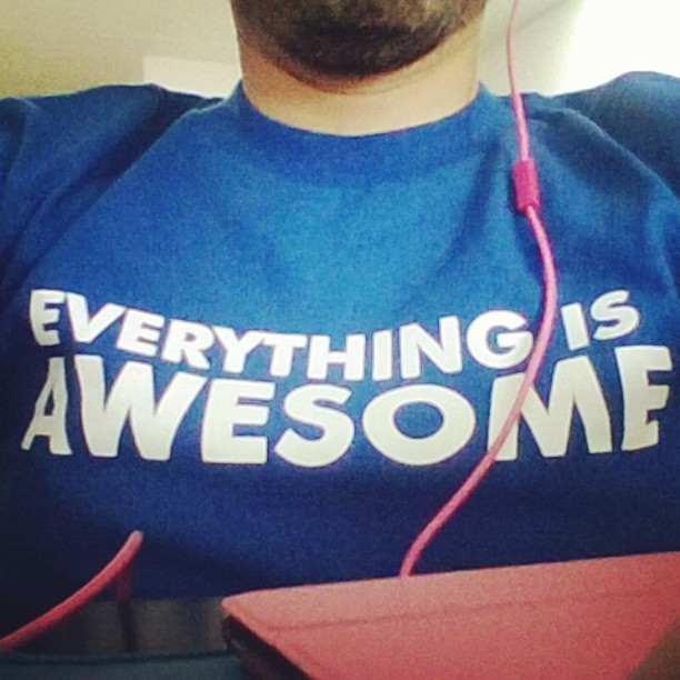 a man wearing a blue t - shirt with the phrase everything is awesome