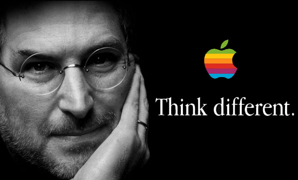 steve jobs is shown with an apple logo in the background