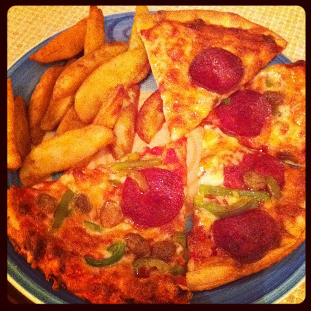 four slices of pizza on a plate with french fries