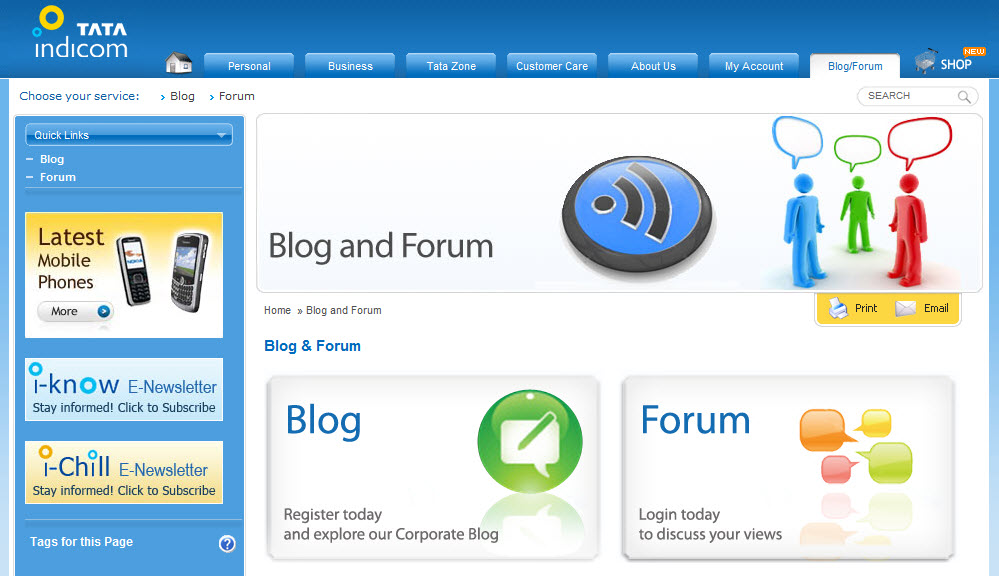 a web page with blue colors for blog and forum posts