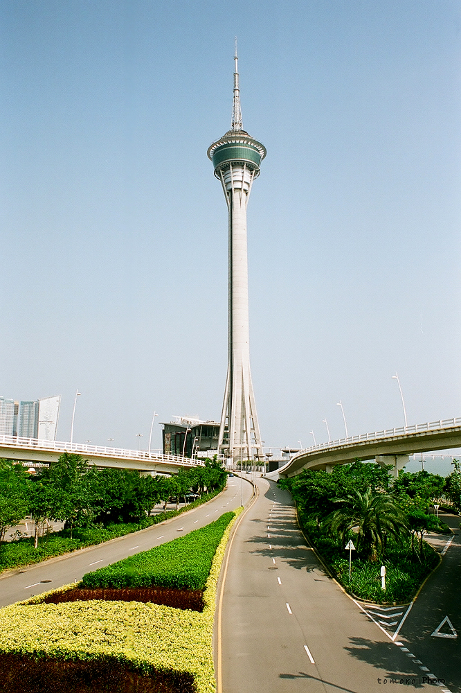 the tower is situated in a city with beautiful landscaping