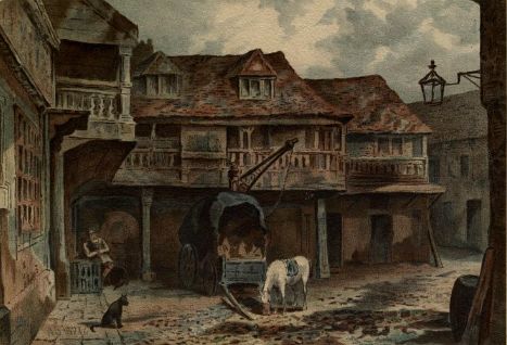 an oil painting showing horses and buildings on a street