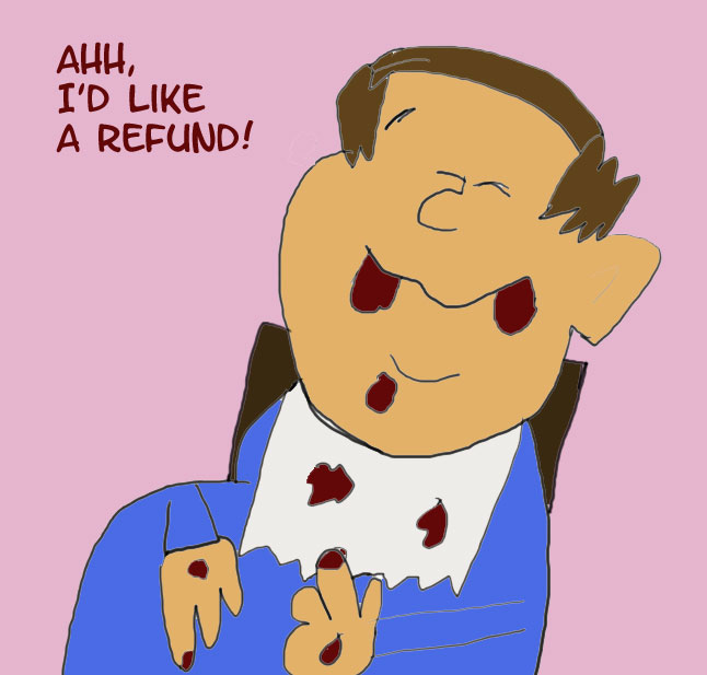 this is a cartoon image of a man saying ahh i'd like a refunde