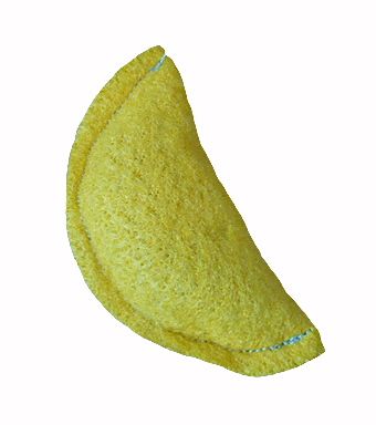 the yellow sponge is laying on top of a white background