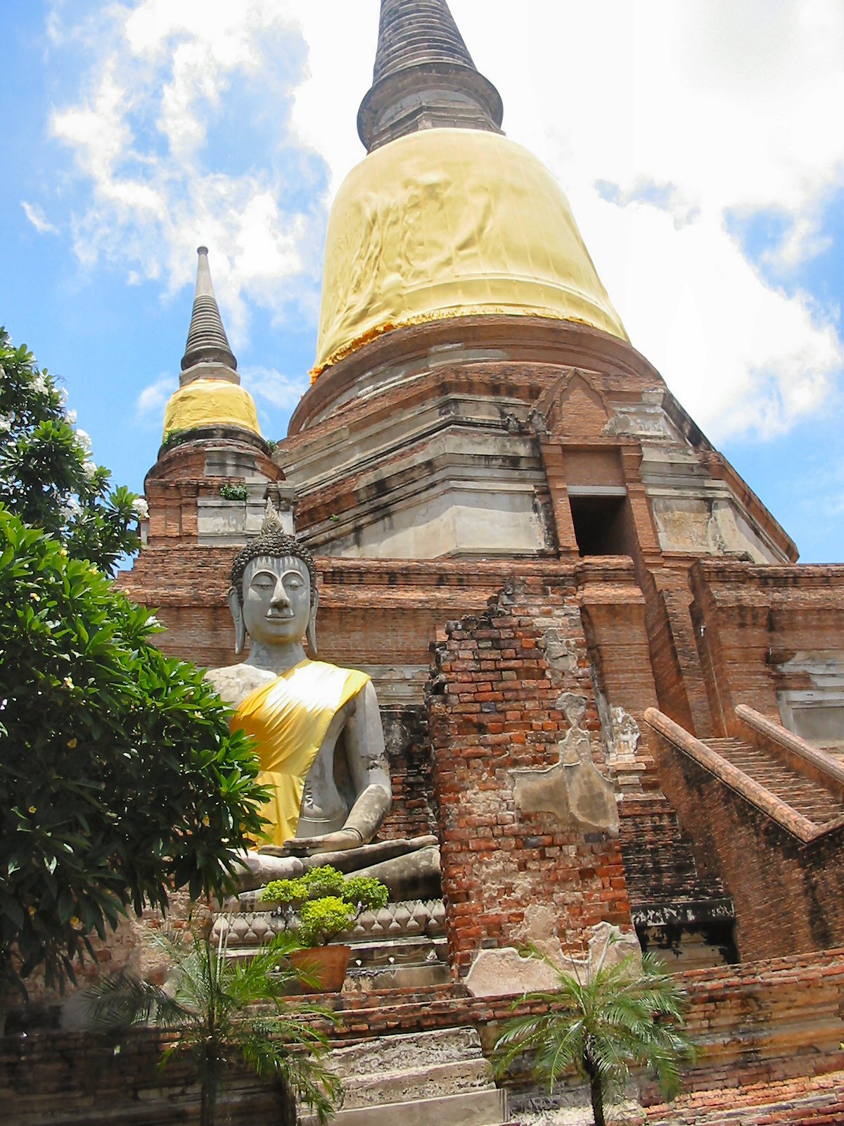 a very big buddha statue near some plants and rocks