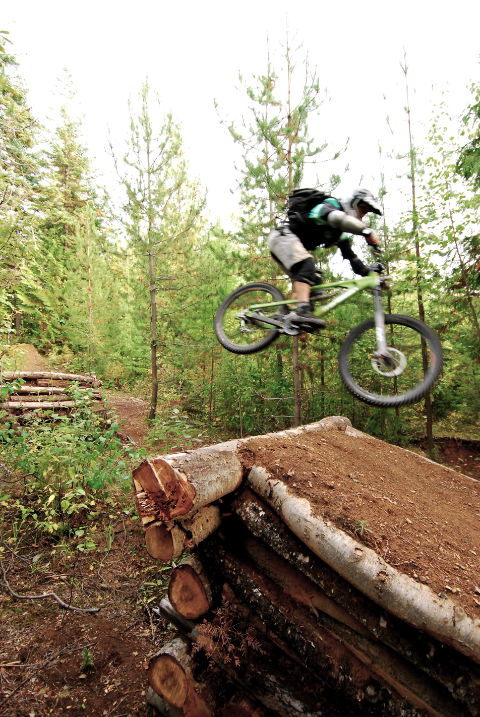 a person jumping a dirt bike over logs in the woods