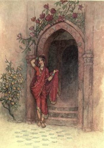an illustration shows a person in red standing in a doorway, carrying a cloth over her shoulder