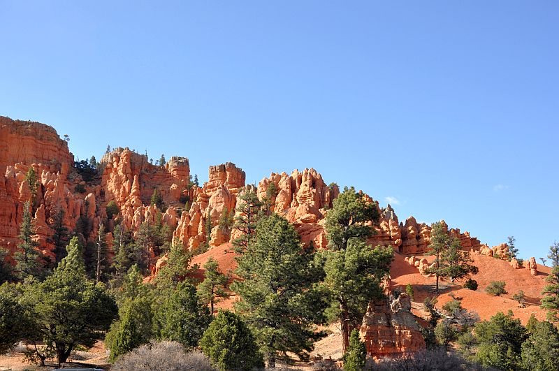 a large rock formation surrounded by trees and blue sky