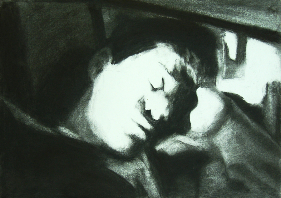 a charcoal drawing of a woman's face with her eyes closed