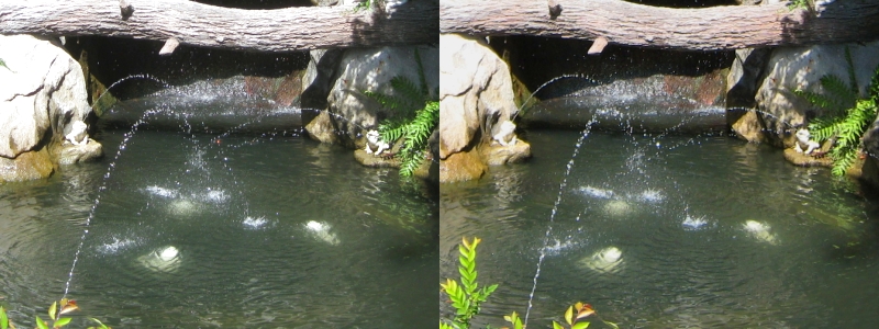 two pictures of the same view of the water in a pond