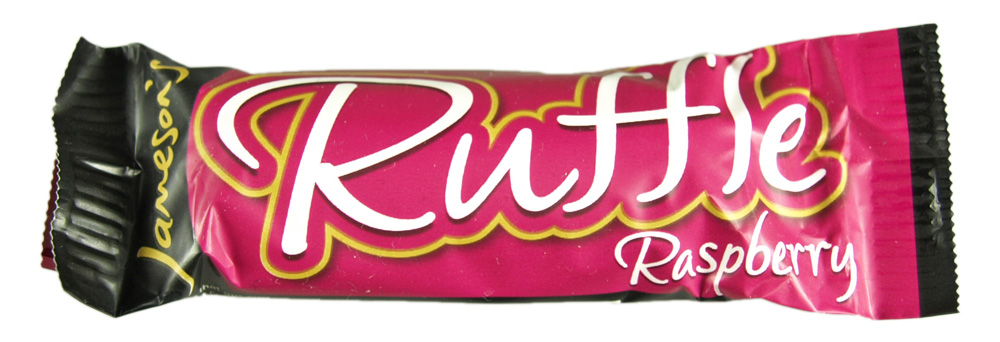 the logo and name for the biscuit is white on the front, and pink on the back