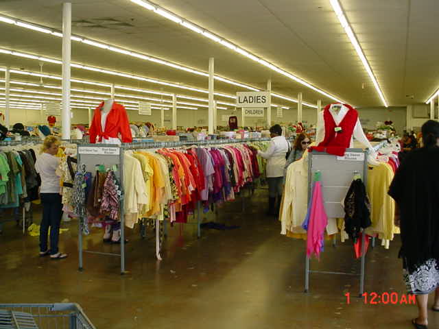 a woman looking at dresses on racks in an open room