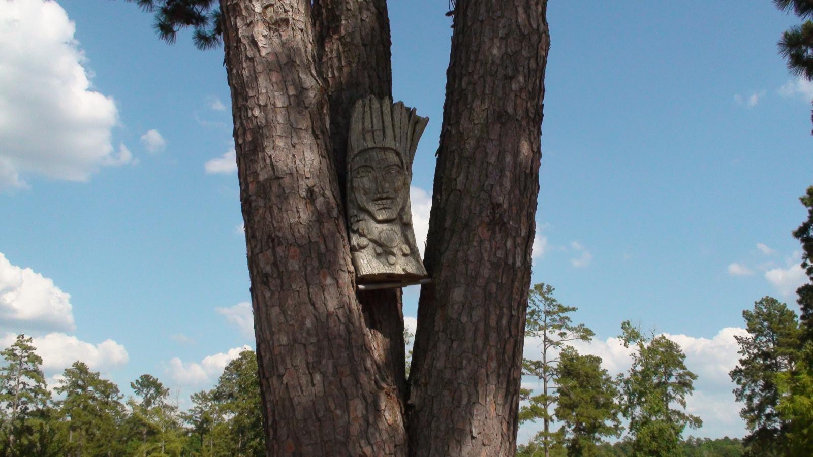 a wooden carving of a man in the woods