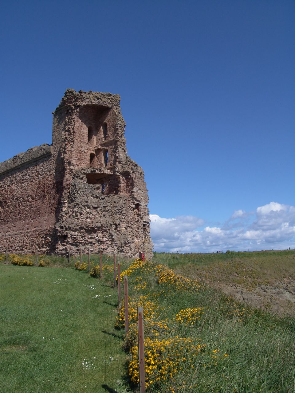 a castle structure standing on a grass covered hill