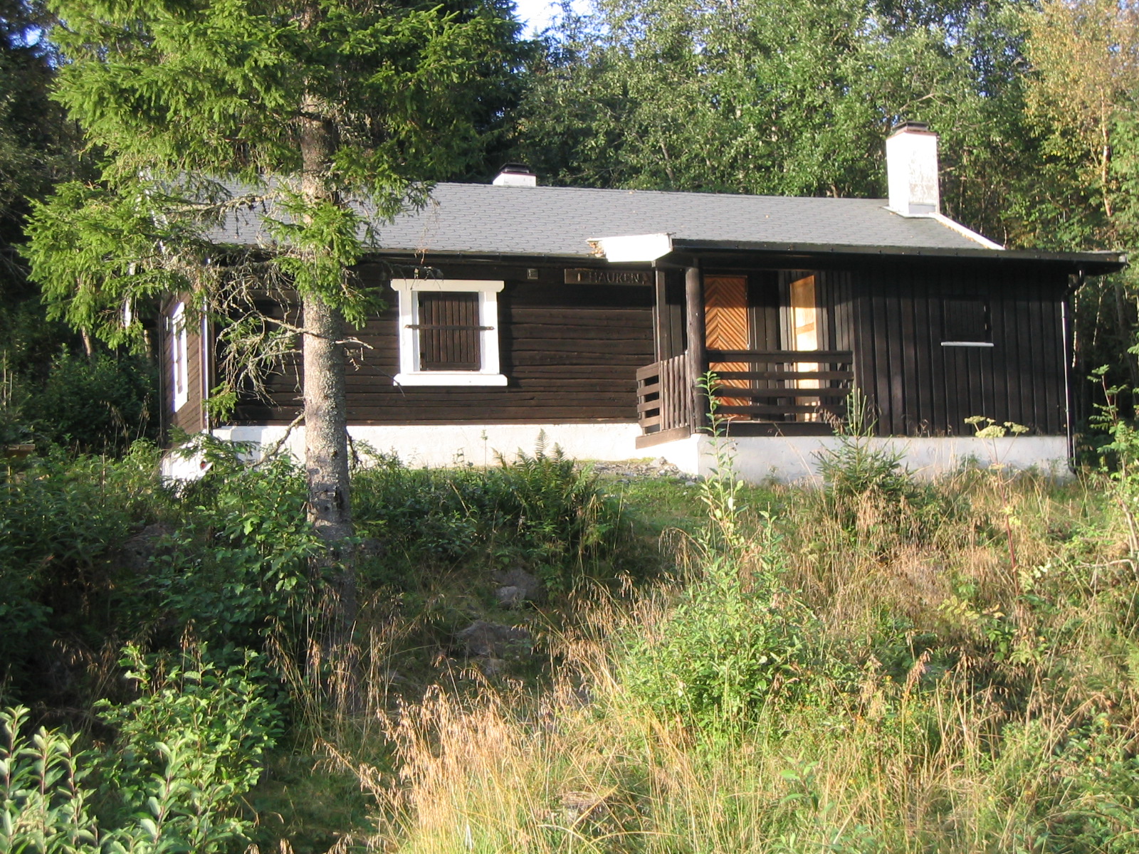 the cabin is brown with black siding and red doors