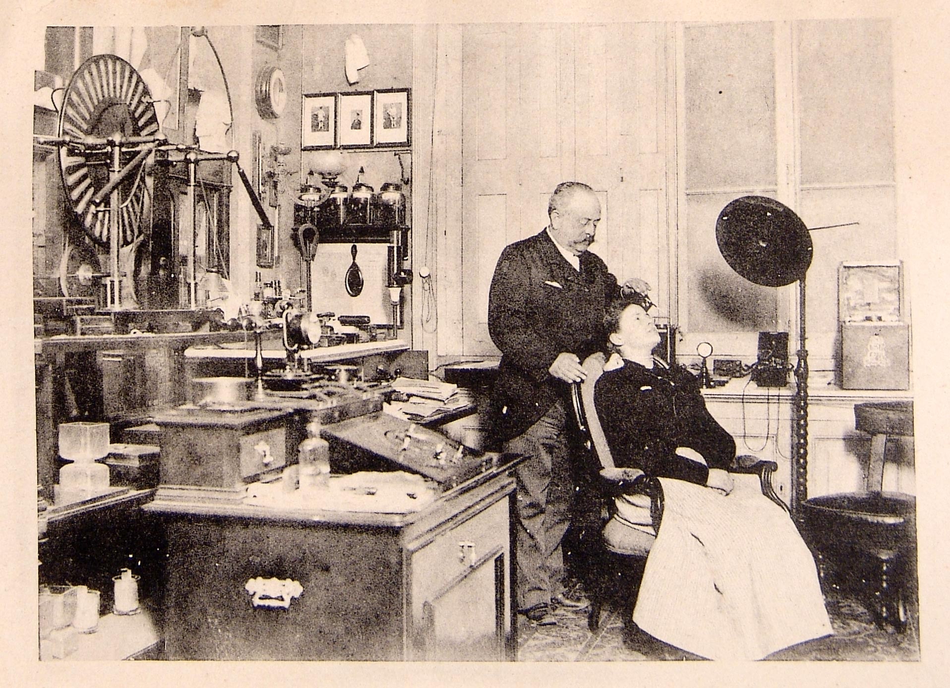 an old picture of an old doctor standing in his office