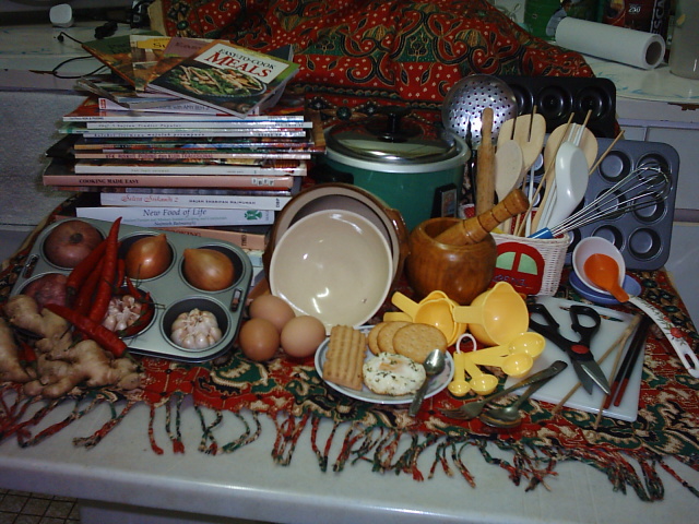 there is food left out on the table in front of the stove