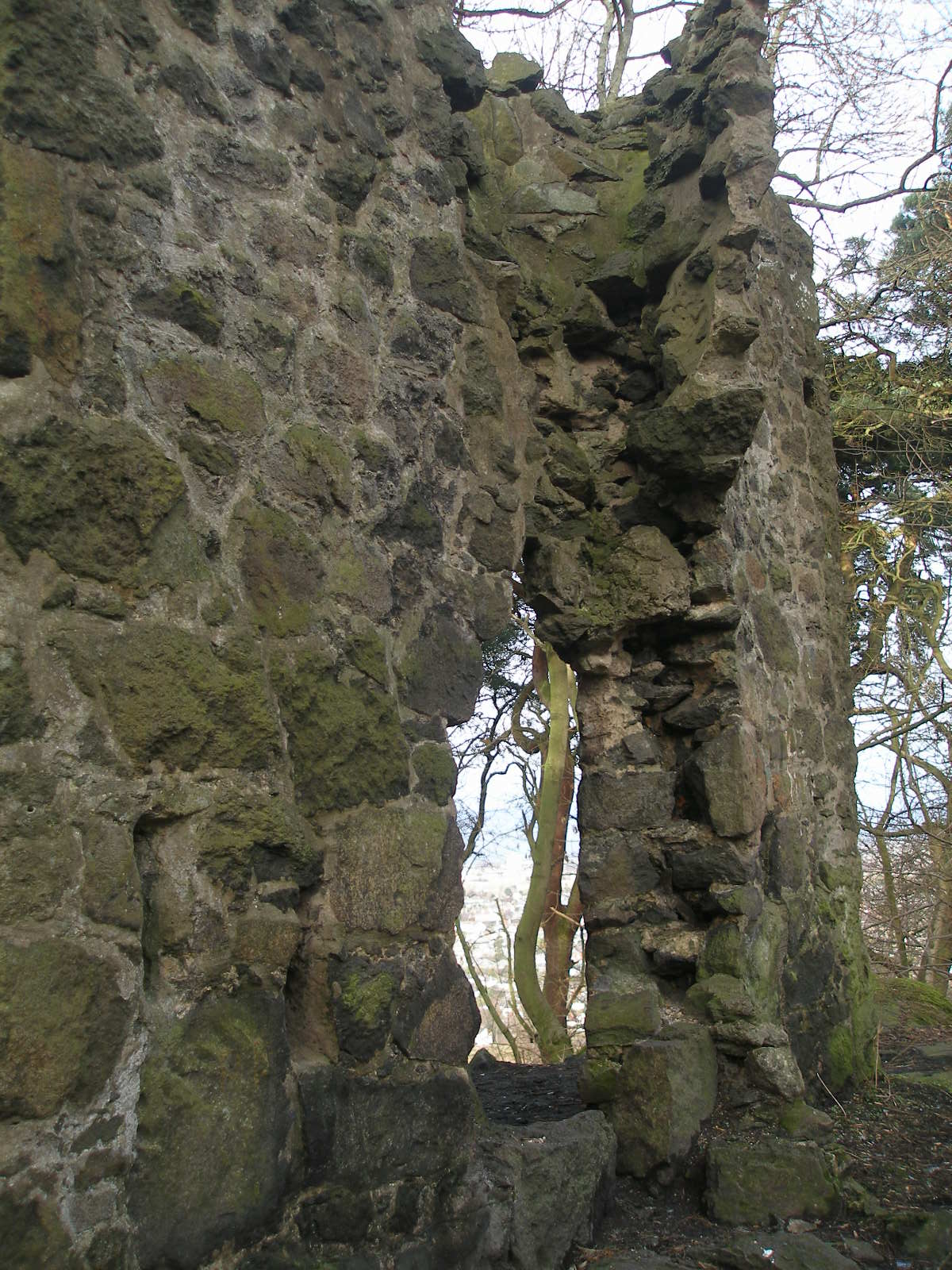 there is a stone window in the wall with trees