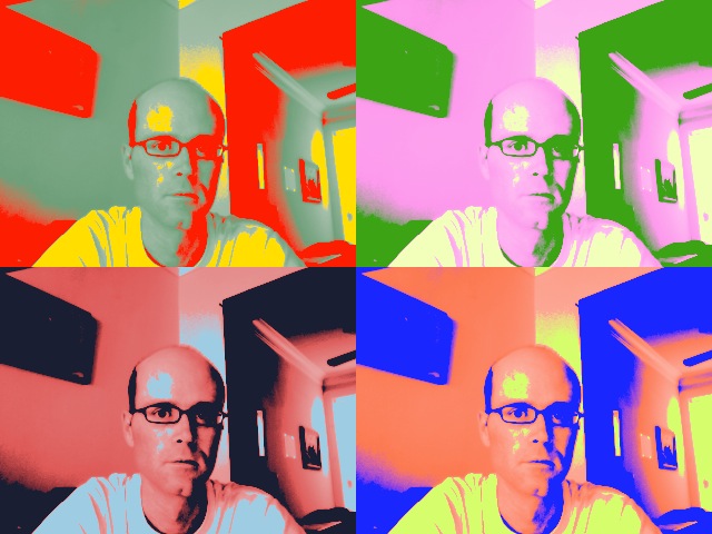 four different colored images of men with glasses in front of a door