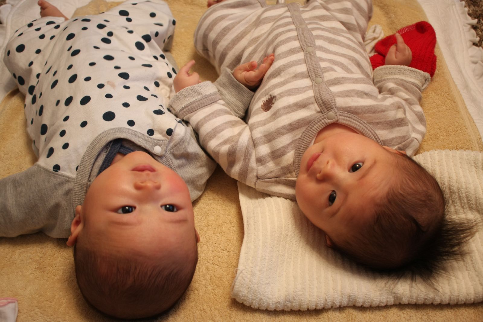 two babies lay on a blanket playing with each other