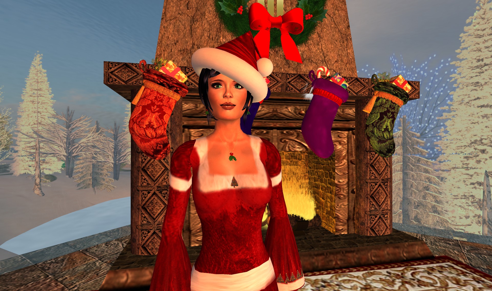 the animated christmas woman is dressed in red