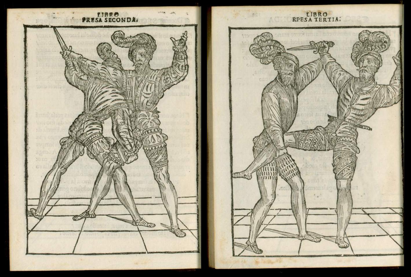 two ancient prints of dancers, one holding a flute