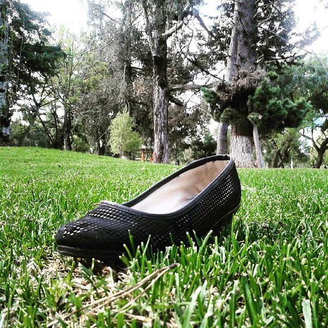 a pair of shoes sitting on top of a lush green field