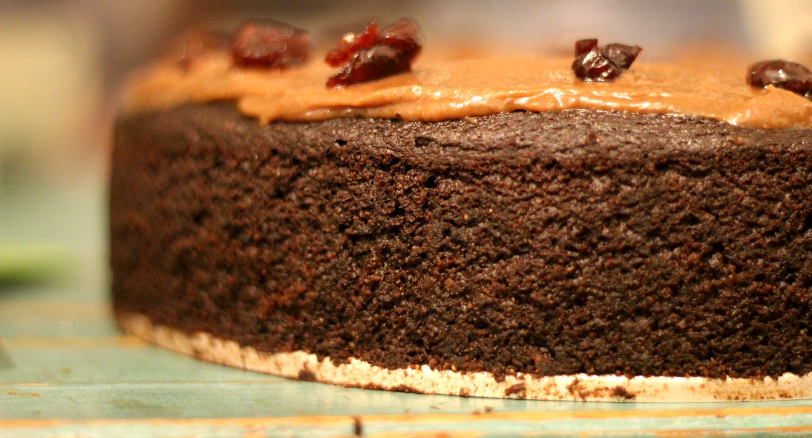 an up close s of a chocolate cake with peanut er and jelly