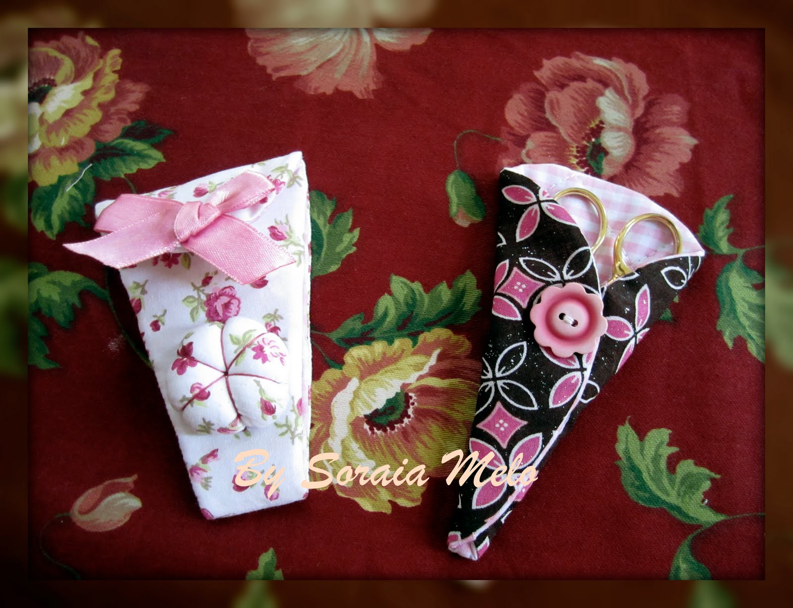 two pieces of fabric with flower patterns and pink bows
