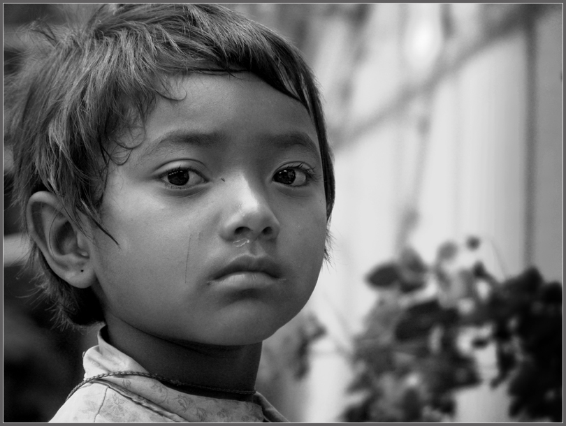 a young child has a shaved head and brown eyes