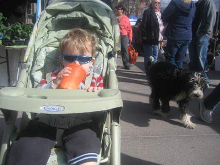 a small child in a stroller eating food next to people