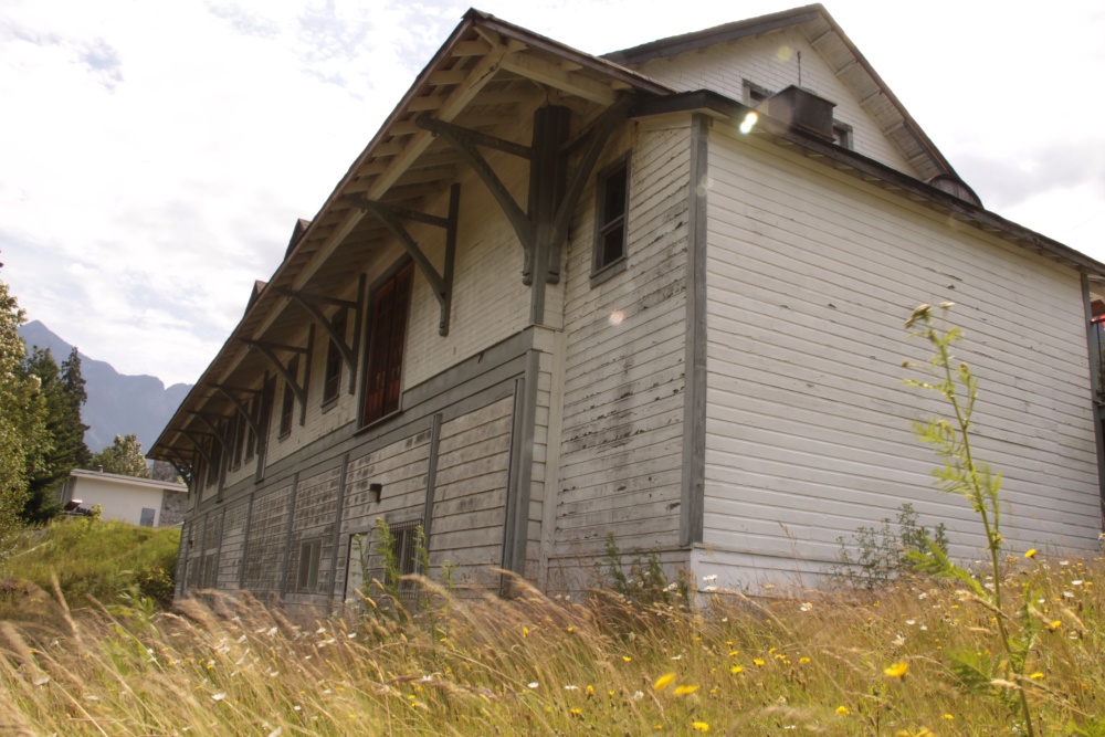 the back of an old church building with some tall grass