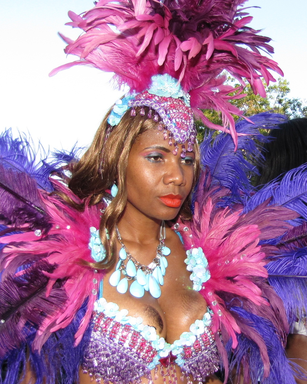 a woman with blue and pink feathered clothes