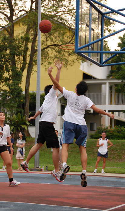 three males in white shirts playing basketball while people watch