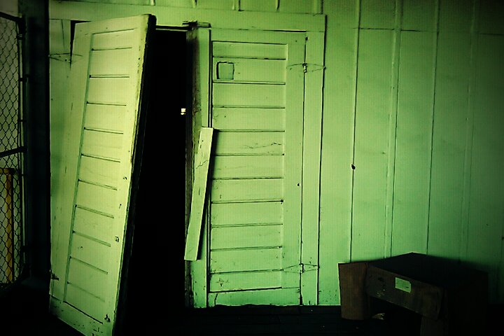 a green door is open in a dark room